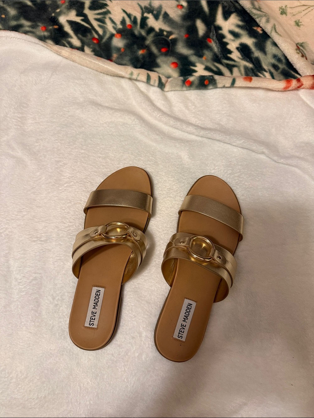 Steve Madden Metallic Gold Slide Sandals with Decorative Ring
